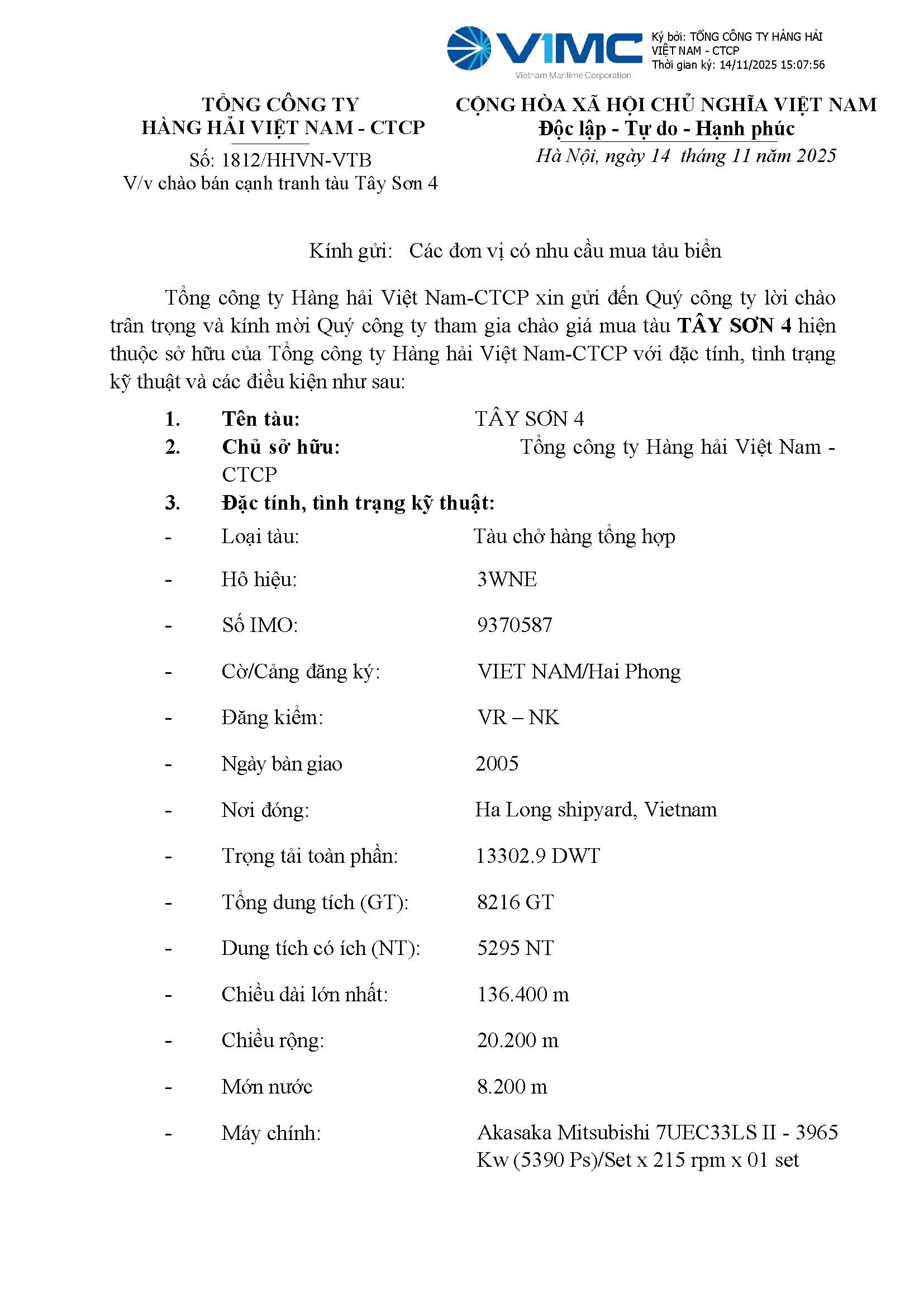 Thư chào bán tàu TÂY SƠN 4